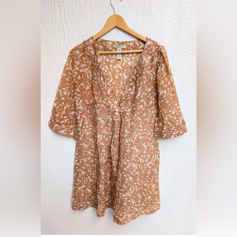 Vintage Diane Von Furstenberg Tan Smocked Puff Sleeve Mini Dress